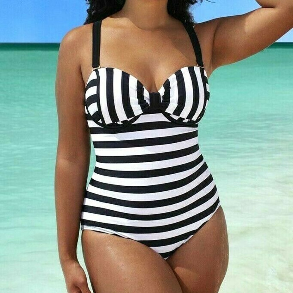 SWIMSUITS FOR ALL Black White Striped Size 12